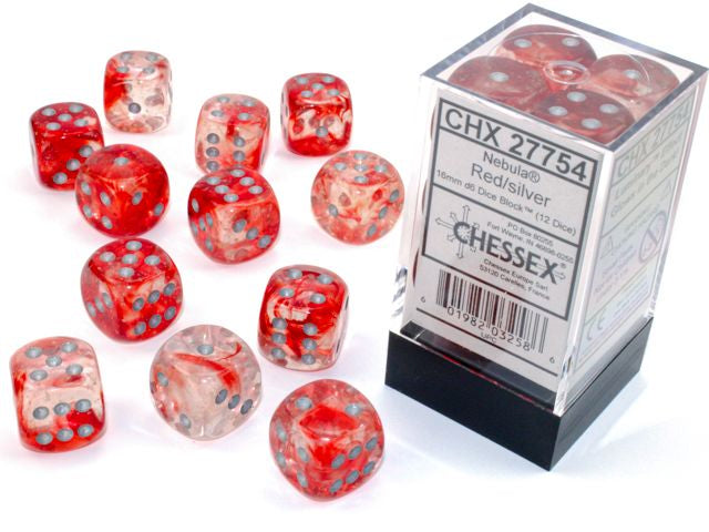 A close up of the Nebula Red with Silver 16mm d6 dice set.