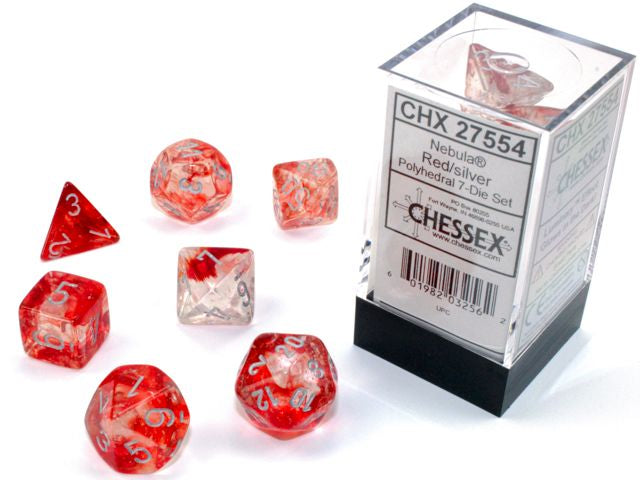 A close up of the Chessex Nebula Red with silver polyhedral dice set.