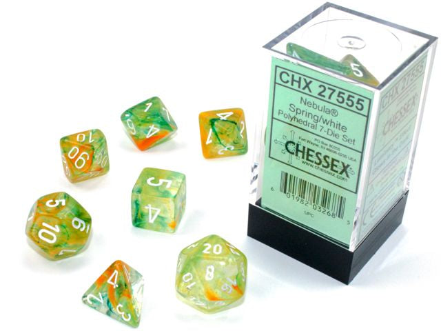 A close up of the Chessex Nebula Spring with white polyhedral dice set.