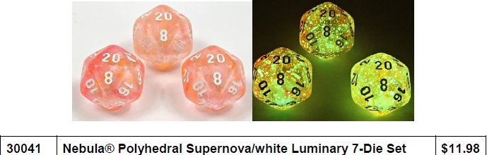 A set of multicolored polyhedral dice with numbers visible, predominantly pink and green with a patterned design, labeled as 'Nebula Polyhedral Supernova/white Luminary 7-Die Set'.