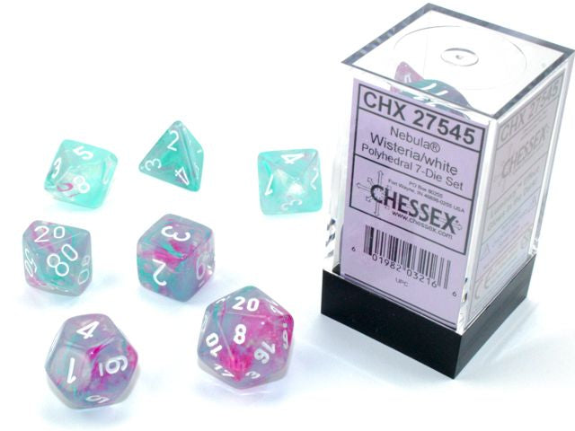 A close up of the Chessex Nebula Wisteria with White dice polyhedral dice set.