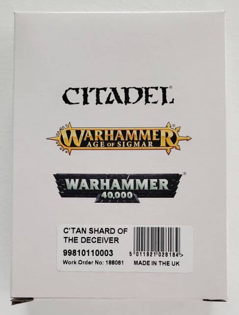 Packaging for Citadel Warhammer 40,000 C'Tan Shard of the Deceiver model kit, displaying the box's front with brand logos and product information.