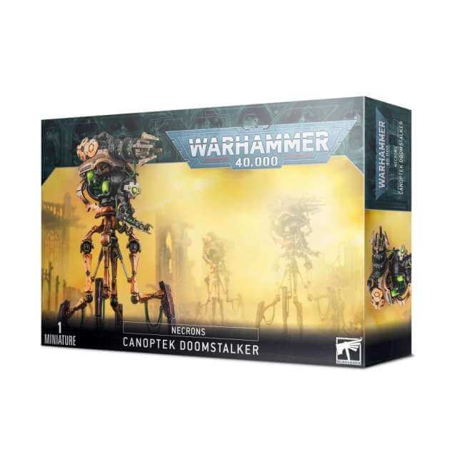 Product packaging for Warhammer 40,000 Canoptek Doomstalker miniatures, featuring the miniatures with a yellow and grey color scheme.