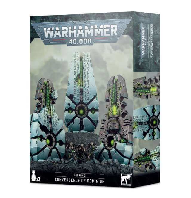 Packaging for 'Necron Convergence of Dominion' featuring three Starsteles, which are part of the Warhammer 40,000 series.