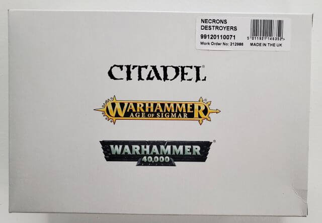 A box of Warhammer 40,000 Necron Lokhust Destroyer Squadron miniatures with the brand name Citadel visible.
