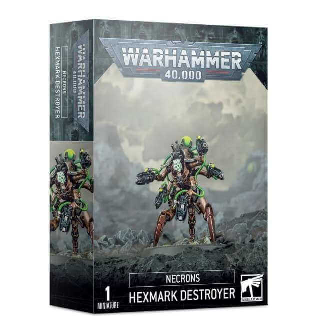 Product packaging for Warhammer 40,000 Necron Hexmark Destroyer, featuring an illustration of the Necron character with a gun, against a backdrop of a cloudy space landscape.