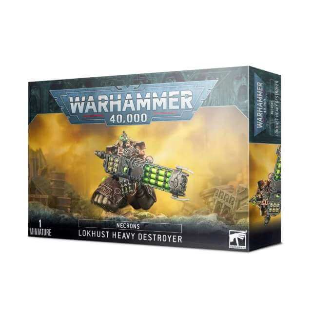 Product packaging for Warhammer 40,000 Necron Lokhusts Heavy Destroyer, featuring an illustration of the model on a base, with decorative elements and branding.