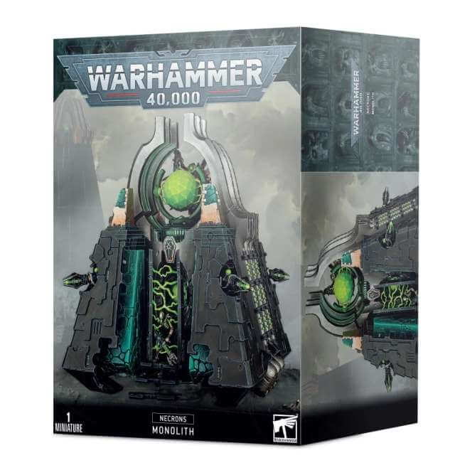 Packaging for the Warhammer 40,000 Necron Monolith 2020 board game, featuring the product on a grey background with green accents and the Games Workshop logo.