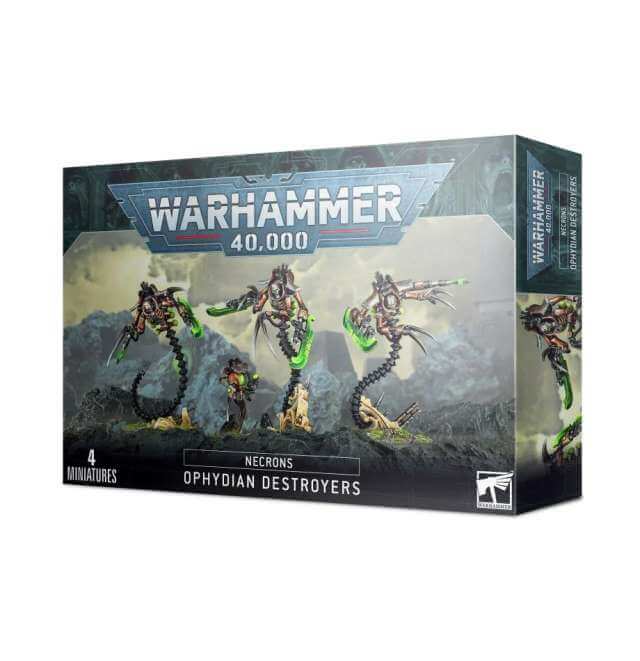 Box packaging for Warhammer 40,000 Necron Ophydian Destroyers miniature figures, featuring images of the assembled and painted models on the front.