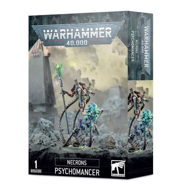 Product packaging for Warhammer 40,000 Necron Psychomancer miniature, featuring the model on a base ready for gameplay.