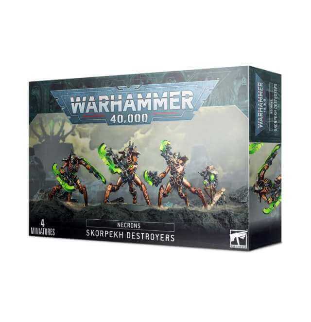 Product packaging for Warhammer 40,000 Necron Skorpekh Destroyers, featuring images of the miniature figures on the front and side.