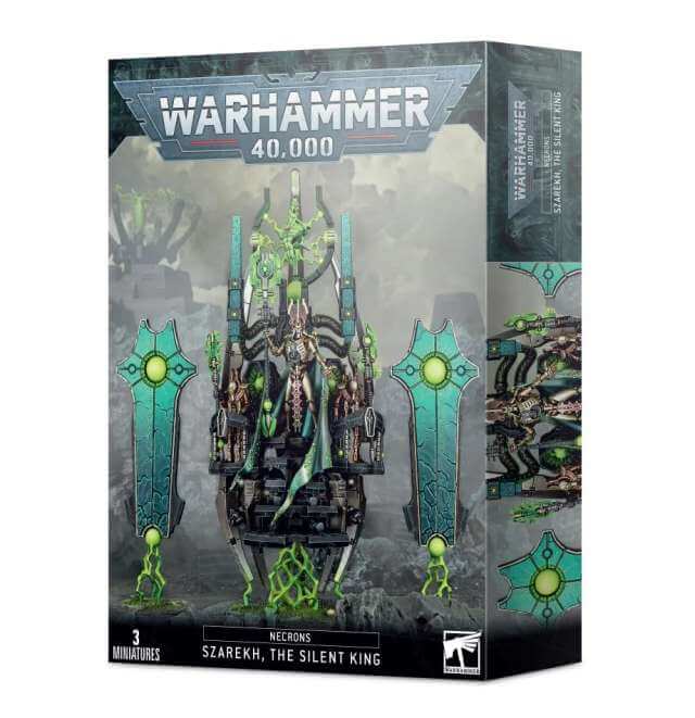 Product packaging for Warhammer 40,000 featuring Necron Szarekh the Silent King, showing the miniatures and the box art with the character and thematic elements.