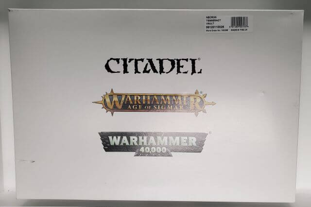 Citadel Warhammer 40,000 box Necron Tesseract Vault featuring Age of Sigmar branding and Warhammer logo.