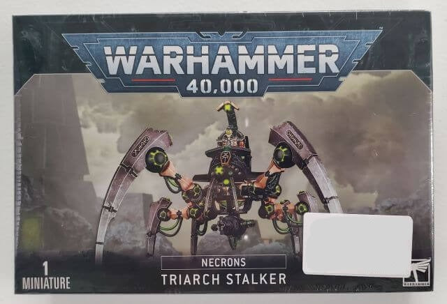 Boxed set of Warhammer 40,000 Necron Triarch Stalker miniatures.