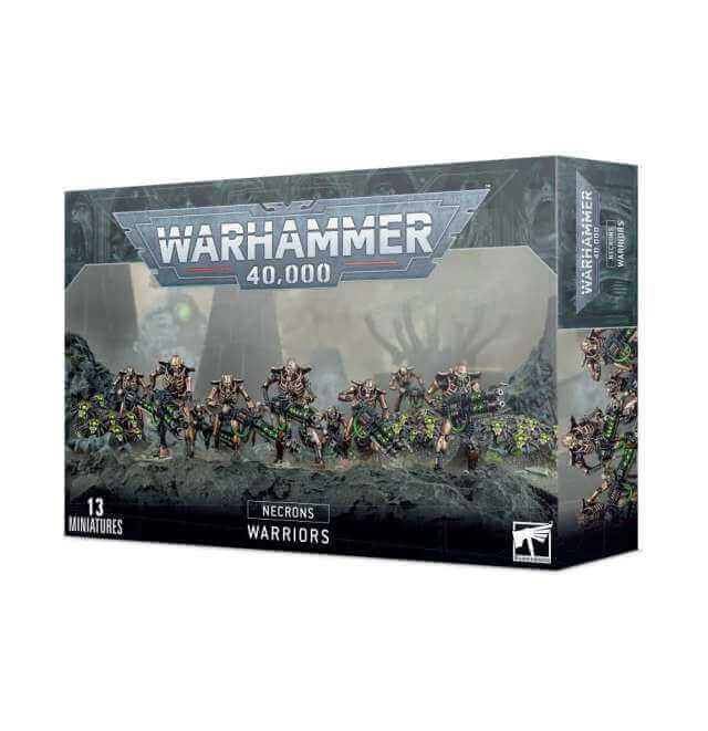 Boxed Necron Warrior miniatures set for Warhammer 40,000, featuring multiple figures in battle poses.