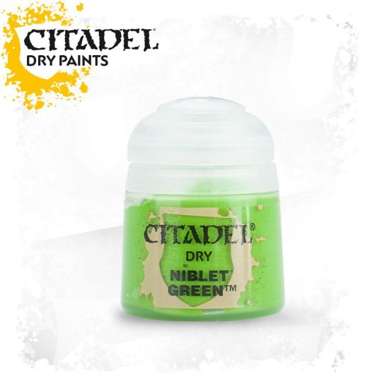 A pot of Citadel dry paint in the color 'Niblet Green'. The product is designed for drybrushing models and is 12ml in size.