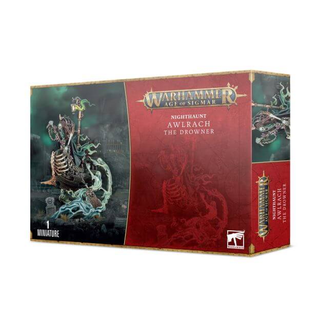 Product packaging for 'Nighthaunt Awlrach the Drowner', featuring a miniature figure on a box cover with a focus on dark-themed artwork, including a decaying skiff and ethereal spirits.