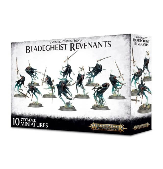 Packaging for Nighthaunt Bladegheist Revenants miniature figures showing 10 unpainted, assembled miniatures in a box with a black and white design.