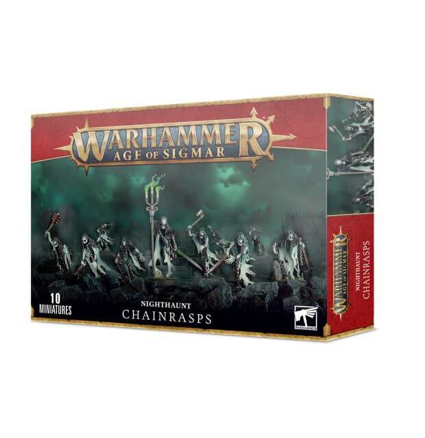 Packaging for Warhammer Age of Sigmar Nighthaunt Chainrasp Hordes, featuring illustrations of the model figures.