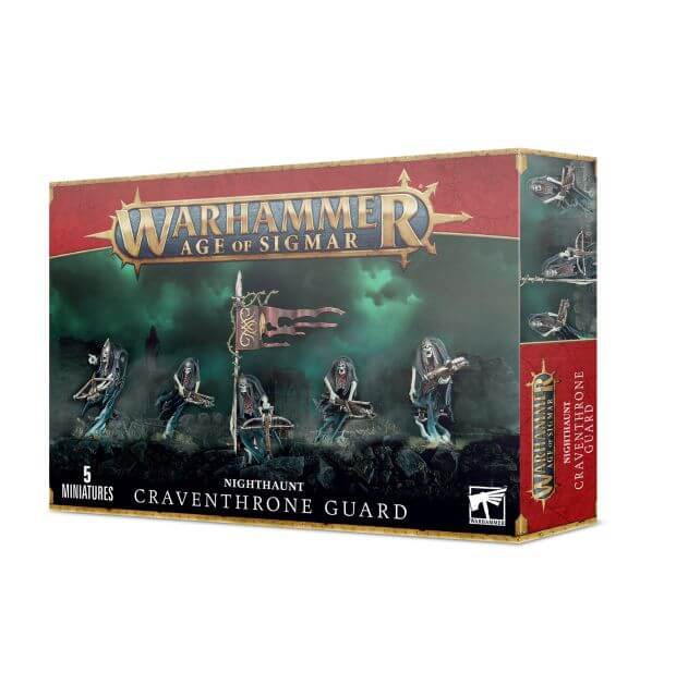 Product packaging for 'Nighthaunt Craventhrone Guard' featuring five miniature figures equipped with crossbows and hooded heads, indicative of a fantasy army set from Games Workshop.