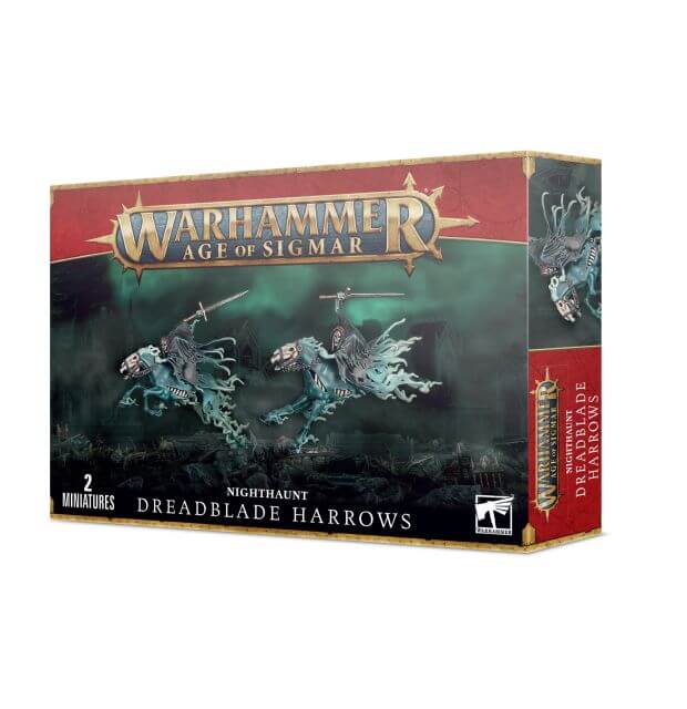 Product packaging for Nighthaunt Dreadblade Harrows in the Warhammer Age of Sigmar game, featuring images of the miniature figures on the box art.