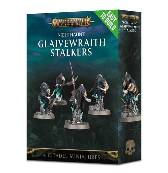 Box packaging for Nighthaunt Glaivewraith Stalkers, featuring four Citadel miniatures depicting ghostly figures with blades.
