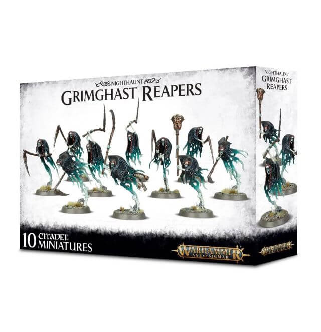 Packaging for Nighthaunt Grimghast Reapers miniature figures, showing 10 painted, black and white figures with scythes, mounted on a box with '10 MINIATURES' printed on it.