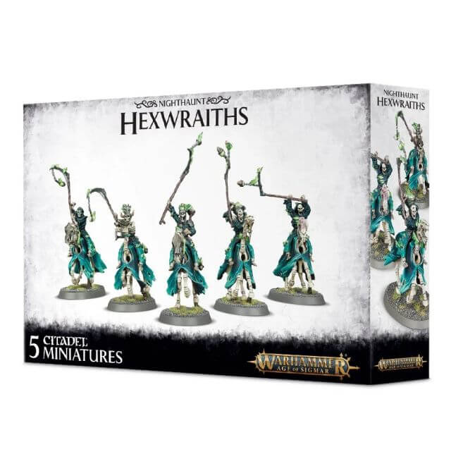 Boxed set of Nighthaunt Hexwraiths miniatures for tabletop gaming, showing five figures on the front with spectral scythes, mounted on 60x35mm oval bases.