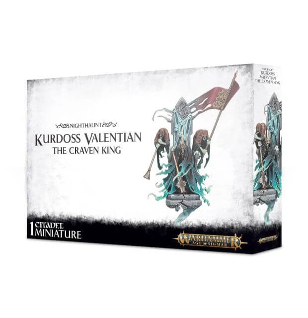 Packaging for 'Nighthaunt Kurdoss Valentian, The Craven King' featuring a miniature figure seated on a throne with ethereal energies and accompanied by two wraith heralds.