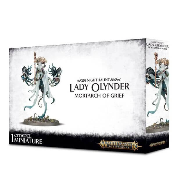 Packaging for Nighthaunt Lady Olynder, Mortarch of Grief miniature, featuring the assembled and painted model on the box art.