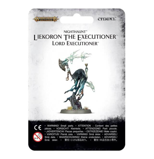 Packaging for Nighthaunt Liekoron the Executioner miniature, featuring the assembled and painted model placed behind a card with game rules and branding.