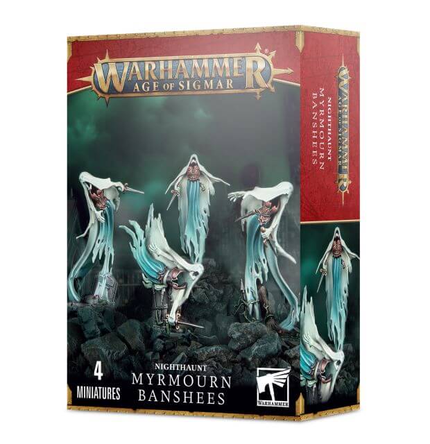 Packaging for Warhammer Age of Sigmar Nighthaunt Myrmourn Banshees miniatures, showing four figures of the banshees in an haunting setting.