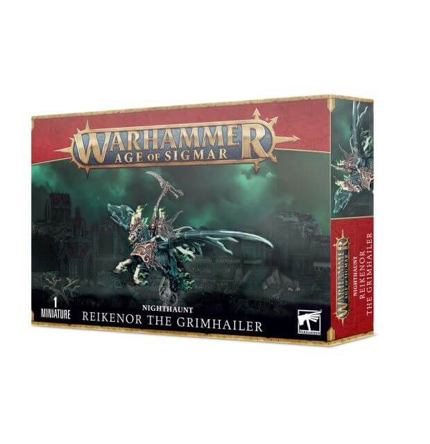 Product packaging for 'Warhammer Age of Sigmar: Nighthaunt Reikenor the Grimhailer' featuring an illustration of a character mounted on a steed, with a dark, mystical background.