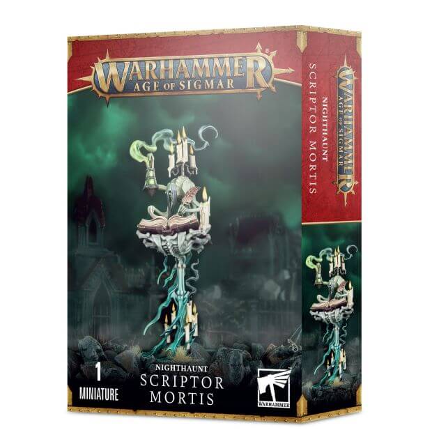 Product packaging for 'Nighthaunt Scriptor Mortis' featuring an image of the miniature on a box cover with a dark, gothic design, part of the Warhammer Age of Sigmar series.