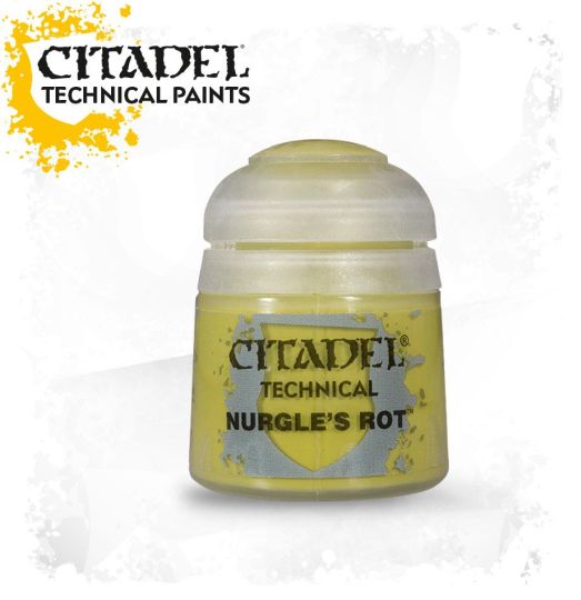 A pot of Citadel Technical paint in 'Nurgles Rot' color, primarily yellow, with Citadel branding on the label.