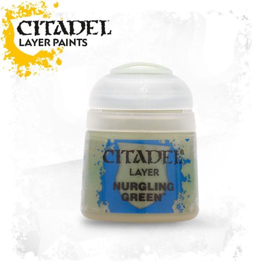 A pot of Citadel Layer paints in the color Nurgling Green, designed for miniature model painting.