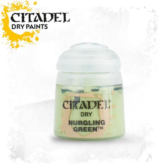 A pot of Citadel dry paint in Nurgling Green color, designed for drybrushing models and miniatures.
