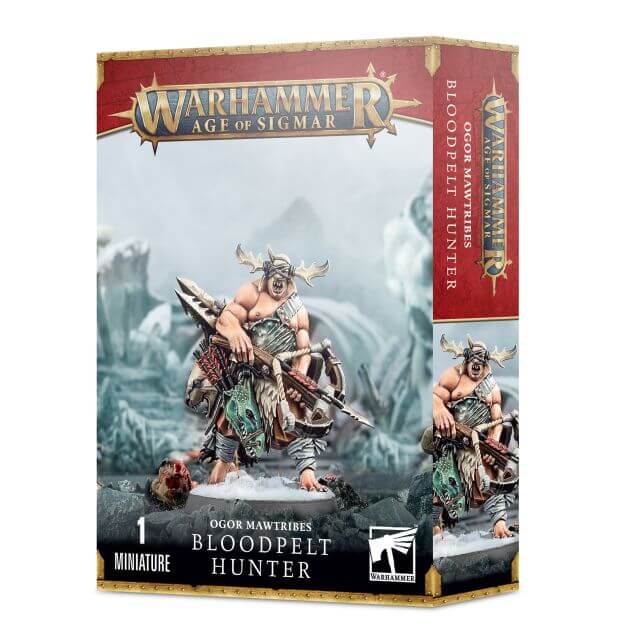 Packaging for the Warhammer Age of Sigmar Ogor Mawtribes Bloodpelt Hunter miniature, featuring the assembled and painted model on the front.