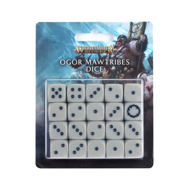 A pack of Ogor Mawtribes dice in white with black pips, contained in a clear plastic packaging with a fantasy-themed illustration on the top.