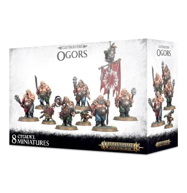 A product packaging for Games Workshop's Warhammer fantasy series, featuring a set of Ogor Gluttons miniatures. The box displays the miniatures in various poses, equipped with fantasy weapons and accessories, and includes eight citadel bases.