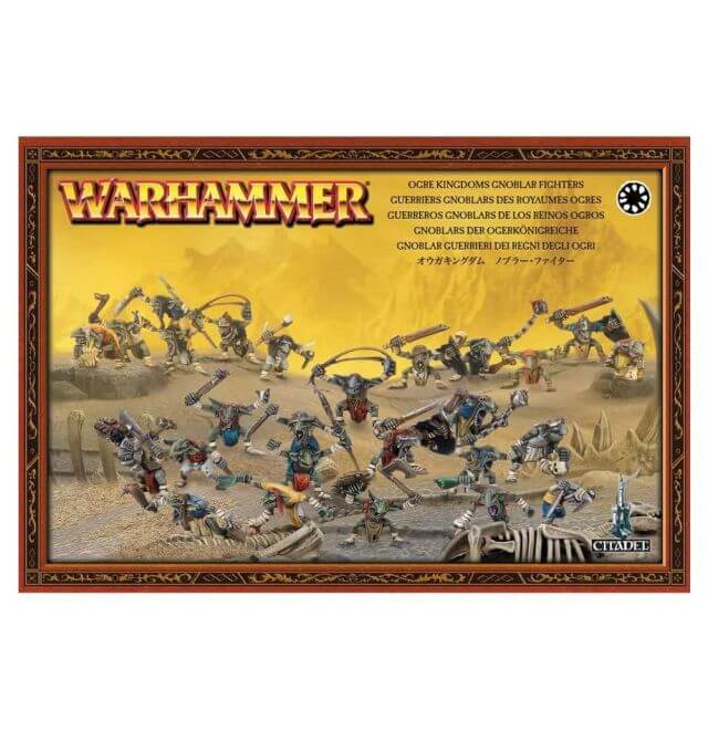 Packaging for Warhammer Ogor Mawtribes Gnoblars featuring illustrated figures engaging in battle.