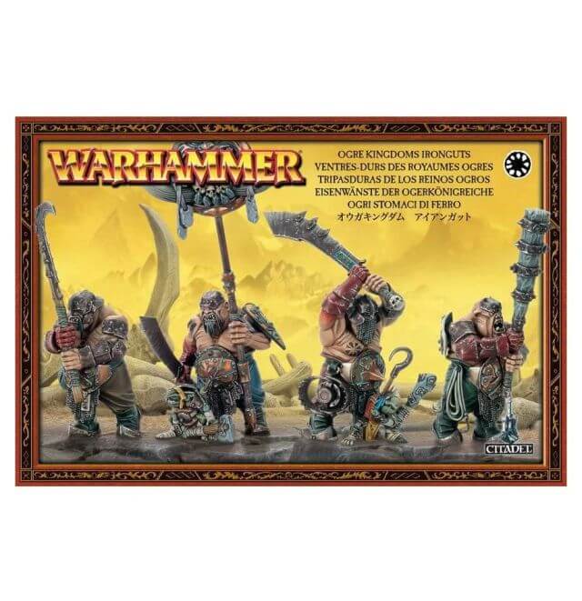 Packaging for Warhammer Ogor Mawtribes Ironguts miniatures, featuring four figures equipped with various weapons and shields against a yellow backdrop.