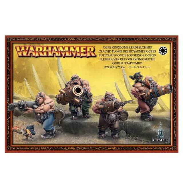 A box of Warhammer Ogor Mawtribes Leadbelchers miniatures featuring illustrated ogre warriors preparing for battle.
