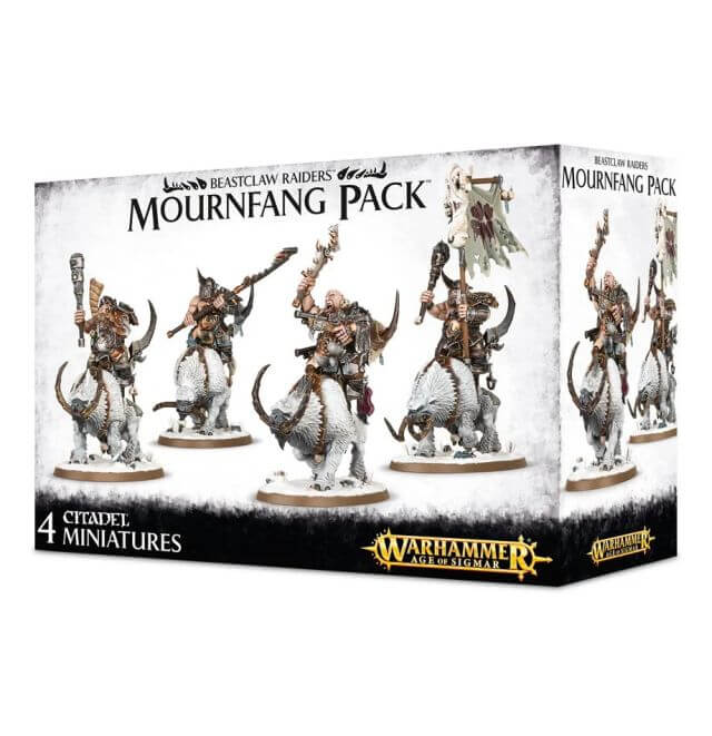 A product image showing a box containing a multi-part plastic kit of the Mournfang Pack, featuring 4 ogors riding Mournfangs, with 4 Citadel 90x52mm Oval bases.