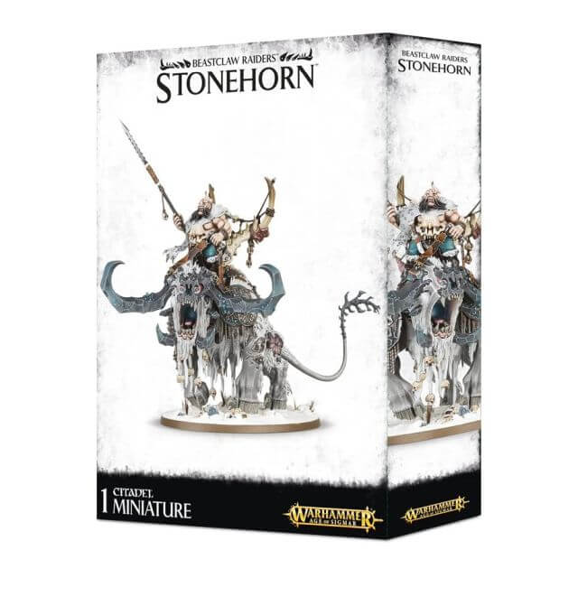 Packaging for Games Workshop's Warhammer fantasy miniature game featuring a multi-part plastic kit of an Ogor character mounted on a Stonehorn.