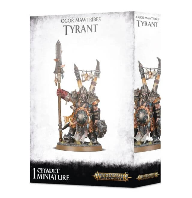 Packaging for the Ogor Mawtribes Tyrant miniature, featuring the assembled and painted model on a box with '1 Citadel Miniature' indicating the scale or collection level.