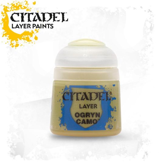 A pot of Citadel Layer paints labeled 'Ogryn Camo' with a yellow and green camouflage design on the label.