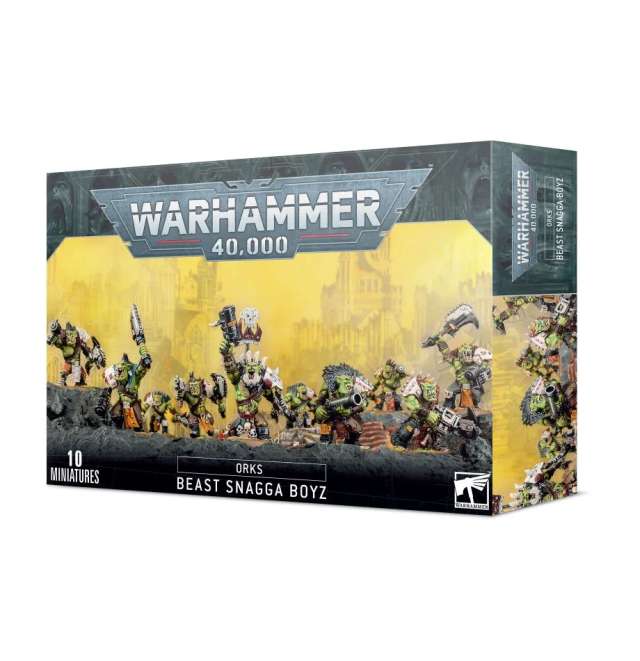 Boxed set of Warhammer 40,000 Ork Beast Snagga Boyz miniatures featuring illustrations of the characters and the product information.