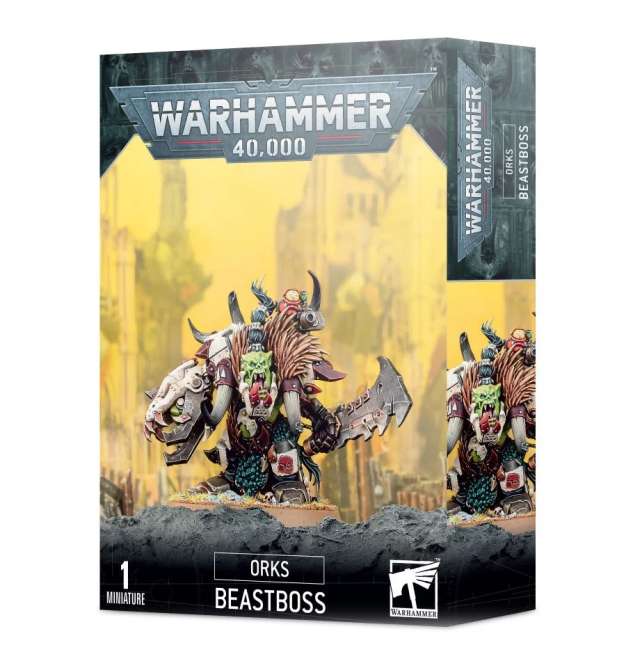 Product packaging for Warhammer 40,000 Ork Beastboss miniature, featuring the assembled and painted model on the box art.