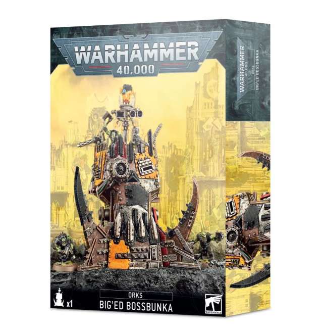 Packaging for Warhammer 40,000 Ork Big'ed Bossbunka miniature, featuring the assembled and painted model on the front.
